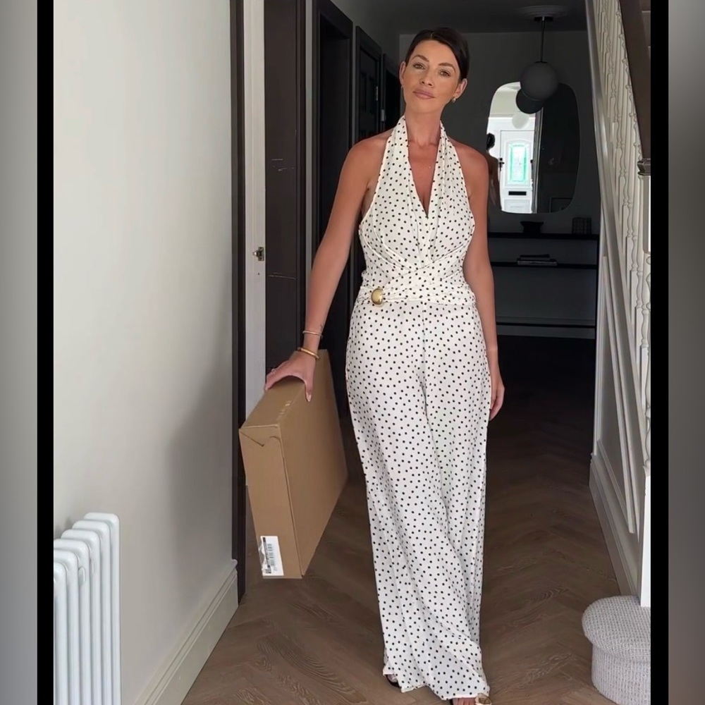 Zara White Halter Polka Dot Jumpsuit
